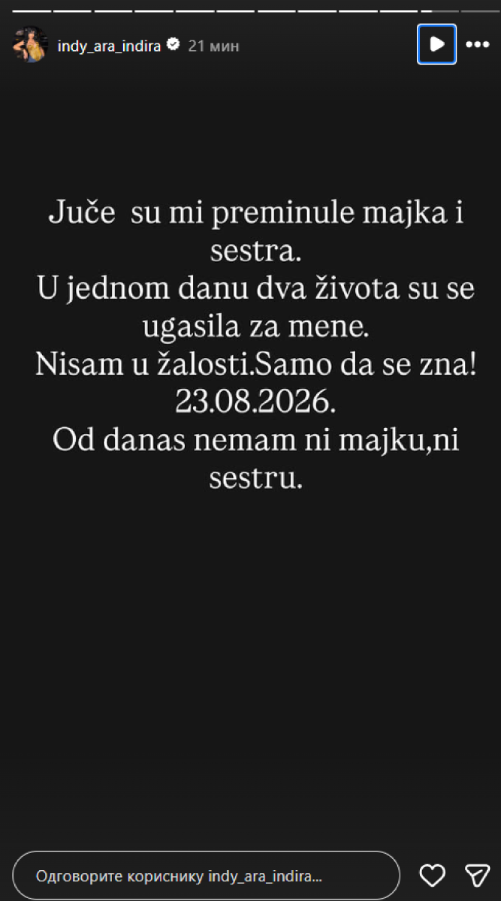 "Juče su mi preminule majka i sestra" Horor objava Indi Aradinović - Pevačica napravila haos